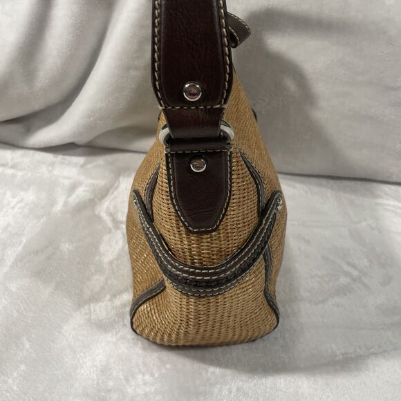 Fossil Straw Leather Multi Compartment Satchel Shoulder Bag Brown Lined 14x8 - Picture 2 of 16